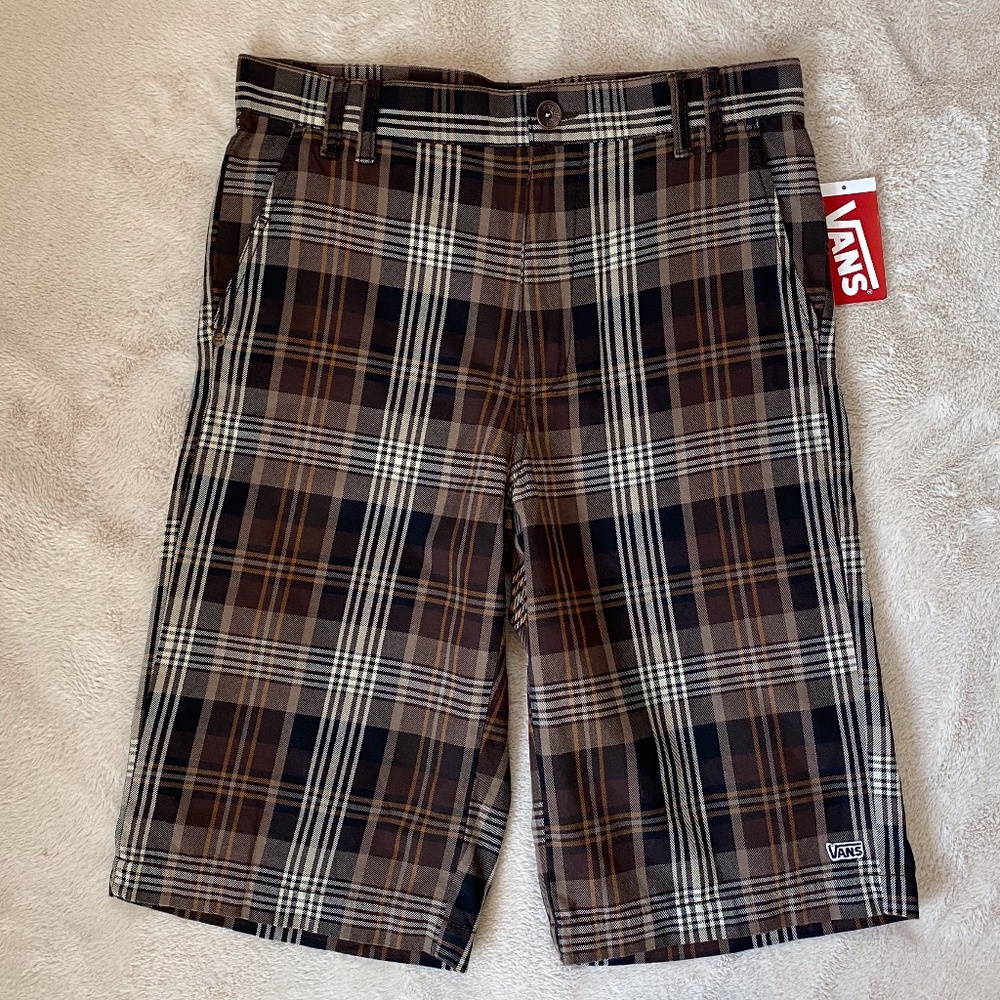 NEW Vans Boys Plaid Bermuda Shorts Brown Black